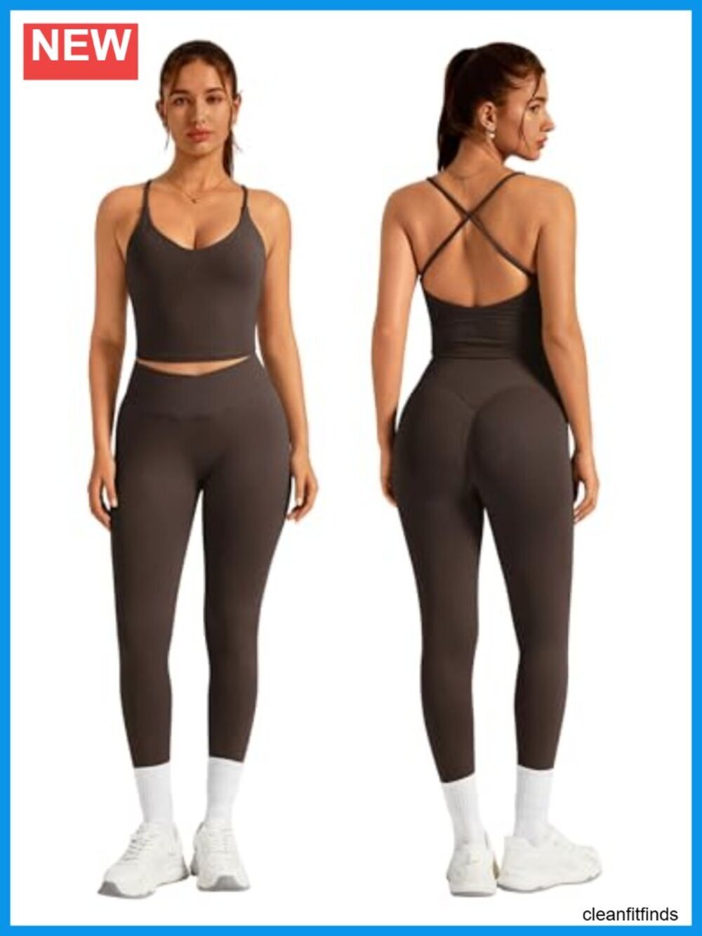 Seamless Strappy Tank Top and Crossover Waist Leggings 2 Piece Workout Set